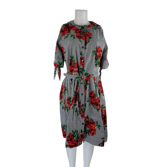 Eshakti White/Black Stripped Floral Beaded Business Vacation Dress M - Picture 1 of 10